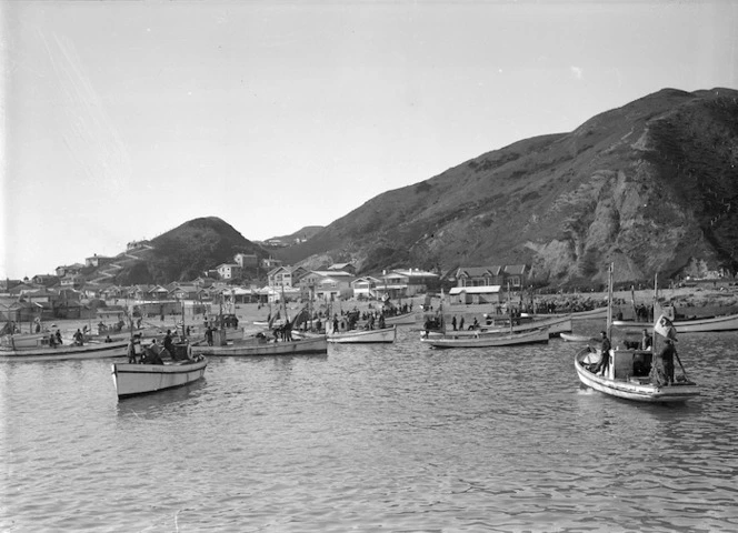 Flotilla of fishing boats setting out to sea, Island Bay