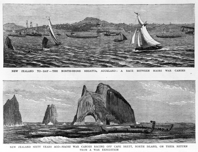 A page from 'The Graphic' newspaper showing two engraved illustrations of New Zealand paintings depicting a regatta and Māori waka taua