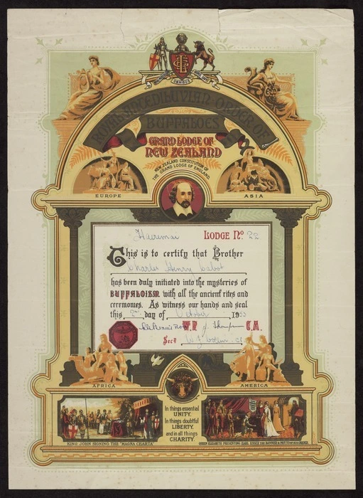 Royal Antediluvian Order of Buffaloes :Grand Lodge of New Zealand. Haeremai, Lodge no. 22. This is to certify that Brother Charles Henry Cabot has been duly initiated into the mysteries of Buffaloism with all the ancient rites and ceremonies. As witness our hands and seal this 2nd day of October 1953. R G Beavis; J Thompson; Wm J Collin. Weeks Ltd Christchurch N.Z. 15876 [ca 1953]