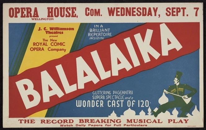 J C Williamson Theatres present the new Royal Comic Opera Company in a brilliant repertoire including "Balalaika", glittering pageantry, super spectacle and a wonder cast of 120 ... Opera House, com. 7 September [1938]. Wright & Jaques