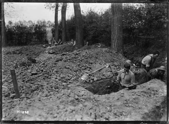New Zealand troops digging positions for trench mortars, France