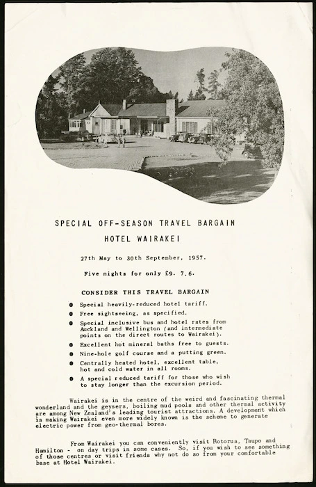 Tourist Hotel Corporation of New Zealand (THC) :Special off-season travel bargain, Hotel Wairakai, 27th May to 30th September 1957.