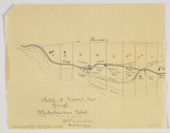 Girdlestone, Hubert Earle, 1879-1918 :Sketch of proposed road through Whakatomotomo Block [ ms map] / H. E. Girdlestone, district surveyor, [ca.1905]