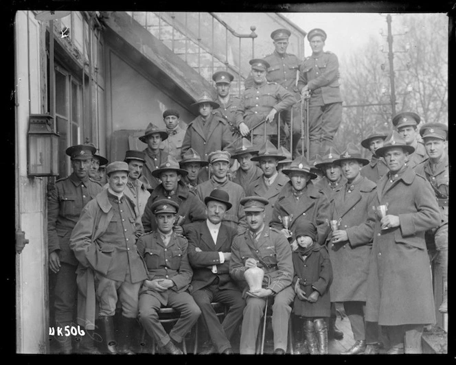 World War I New Zealand soldiers pose with sporting trophies
