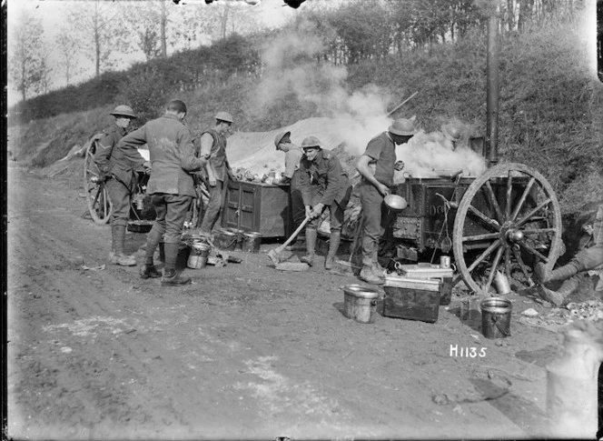 New Zealand cooks prepare a meal for troops in the trenches, World War I