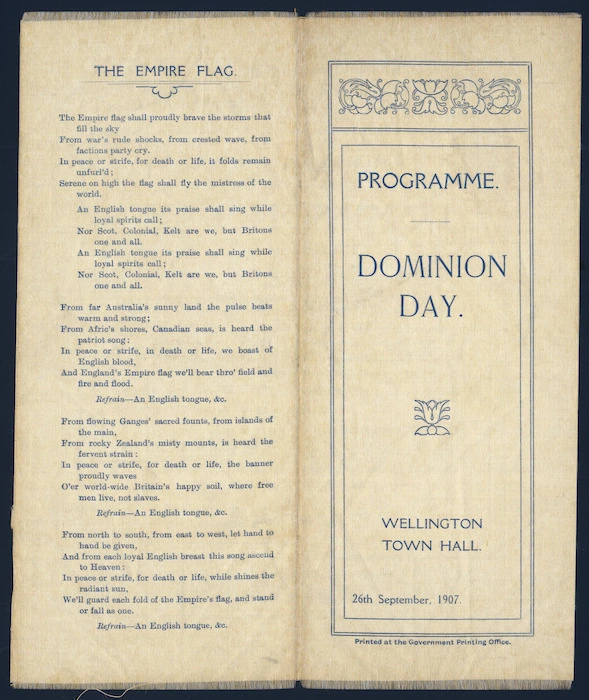 Dominion Day. Wellington Town Hall, 26th September 1907. Programme. [Cover of silk programme].