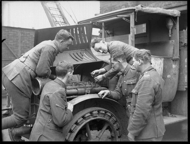 New Zealand soldiers receive educational instruction using a German motor car, Mulheim, Germany