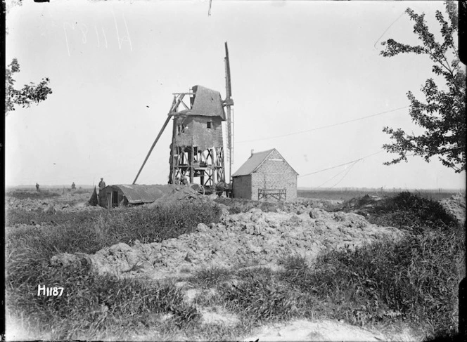 A badly damaged windmill near Courcelles in World War I