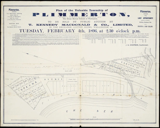 Plan of the valuable township of Plimmerton : the property of the Wellington and Manawatu Railway Co., the great marine suburb of Wellington : to be sold by public auction.