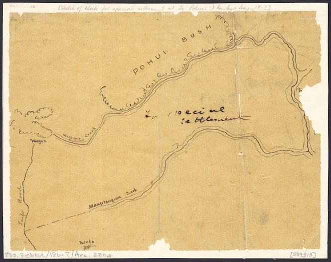 [Creator unknown] :[Sketch of block for special settlement at Te Pohue (?) Hawkes Bay [ms map]. [186-?]