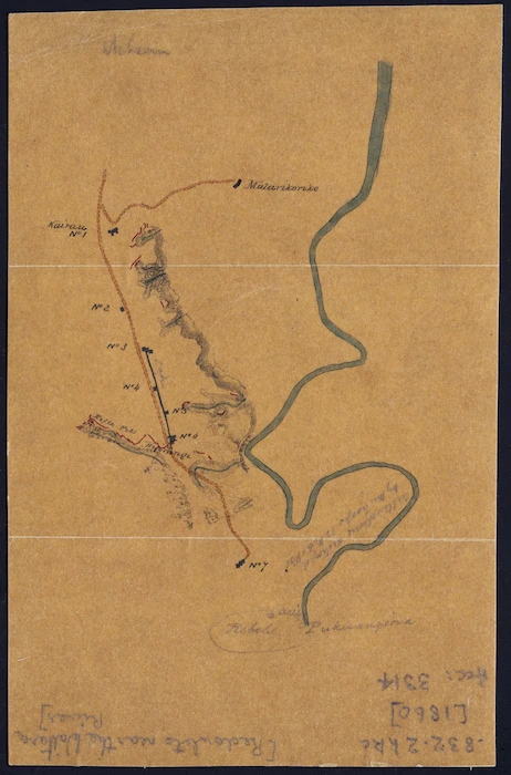 [Creator unknown] :[Redoubts near the Waitara River] [ms map]. [1860].