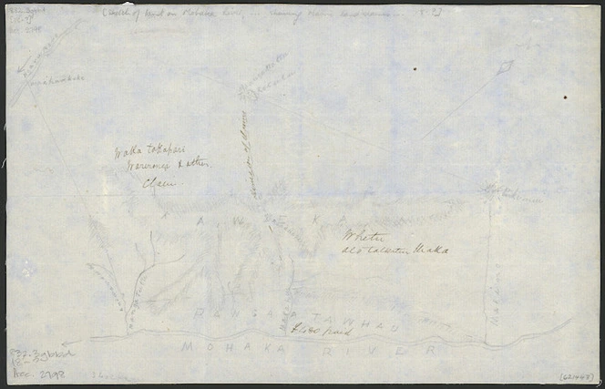 [Creator unknown] :[Sketch of land on Mohaka River, Makino Stream to Mangatutu Stream, showing Maori land claims [ms map]. [18-?]