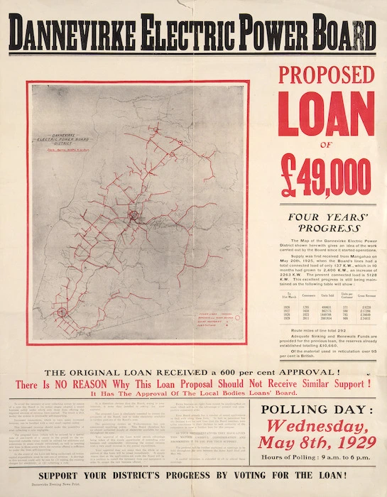 Dannevirke Electric Power Board: Proposed loan of £49,000. Support your district's progress by voting for the loan! Polling day Wednesday May 8th, 1929.