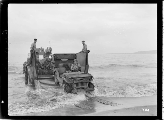 Jeep on a landing craft, Pacific area, during World War II