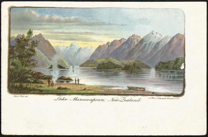 White, Benoni William Lytton, 1858-1950 :Lake Manawapouri, New Zealand. Benoni White del. A D Willis, lithographer, Wanganui, N.Z. [1902].