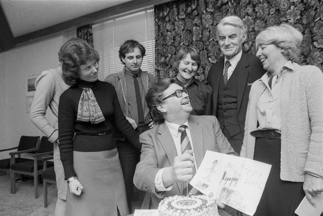 David Lange and his staff, with birthday cake - Photograph taken by Merv Griffiths