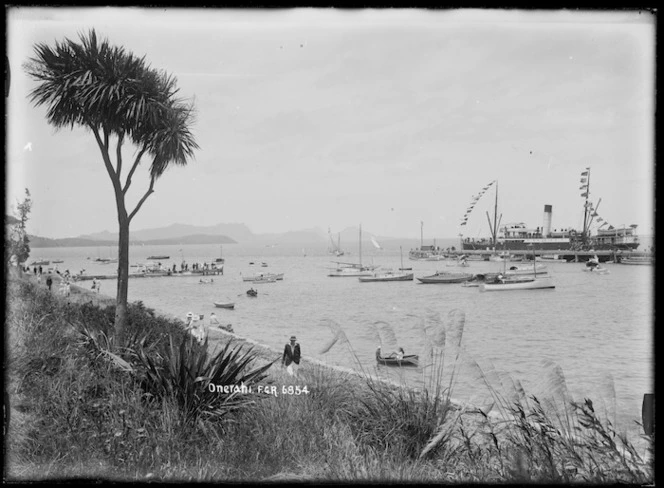 Onerahi, Whangarei, with coastline and a steamer