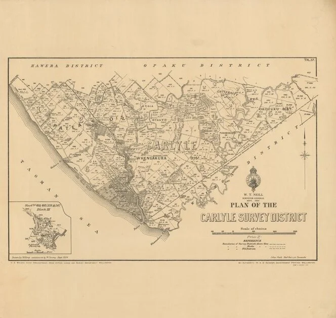 Plan of the Carlyle Survey District [electronic resource] / drawn by J.M. Kemp ; additions &c by W. Conway, Sept. 1924; John Cook, Chief Surveyor, Taranaki.