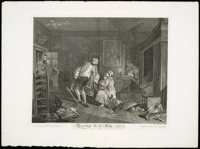 Hogarth, William, 1697-1764 :Marriage a-la-Mode. [The Death of the Earl]. Plate V. Invented, painted & published by Wm Hogarth. Engraved by R F Ravenet according to Act of Parliament April 1st 1745.