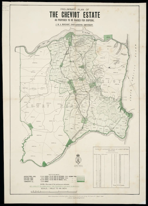 Preliminary plan of the Cheviot Estate as proposed to be divided for disposal / J.W.A. Marchant, Chief surveyor, Canterbury.