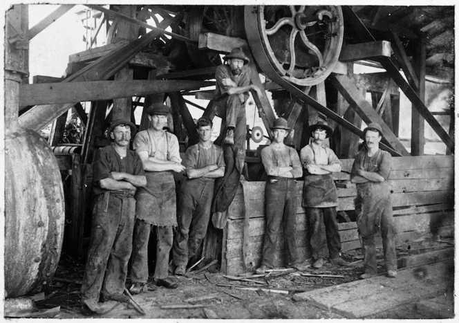 Workers at Stratford and Blair sawmill, Paroa, West Coast