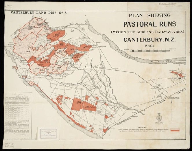 Canterbury Land District. No. 8 : plan shewing pastoral runs (within the Midland Railway area) Canterbury N.Z. / John H. Baker, Christchurch.