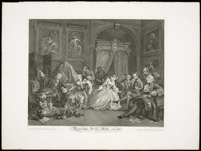 Hogarth, William, 1697-1764 :Marriage a-la-Mode. [The Countess's levee]. Plate IV. Invented, painted & published by Wm Hogarth. Engraved by S Ravenet according to Act of Parliament April 1st 1745.