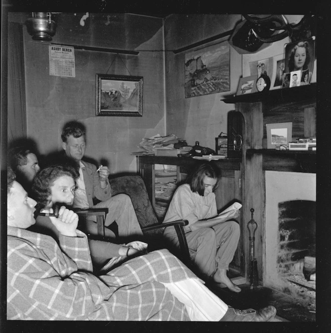 People gathered around the fire, Manuka Point Station