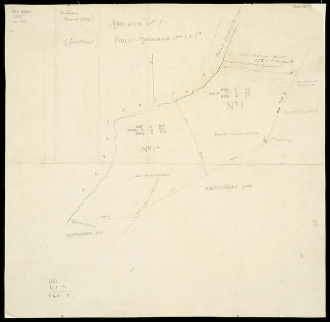 Buchanan, John Duncan Henry, 1902-1961 :Plan of Ngatarawa nos. 1 & 1a. [ms map]. Traced GDHB, [186-?]