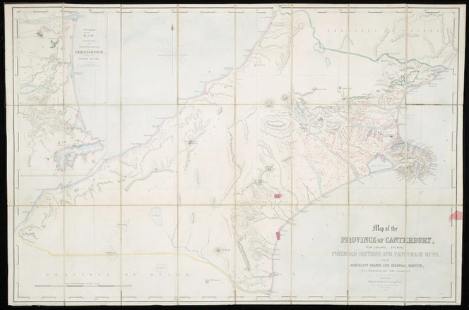 Map of the province of Canterbury, New Zealand : shewing freehold sections and pasturage runs, from Admiralty charts and colonial surveys, with communications from colonists.