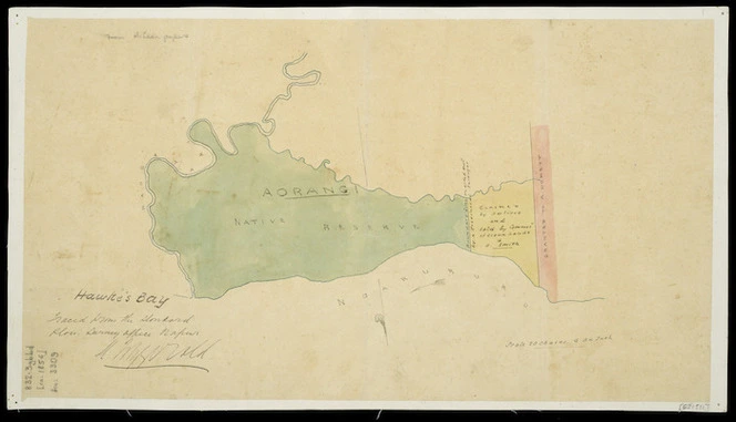 [New Zealand. Dept. of Land and Survey Information. Napier Office.] :Hawke's Bay. [Aorangi Native Reserve and adjoining land] [ms map]. Traced from the standard plan. [ca.1856]