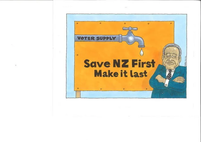 Winston Peters stands beside the 'water supply' tap dripping out the text "Save NZ First Make it last"