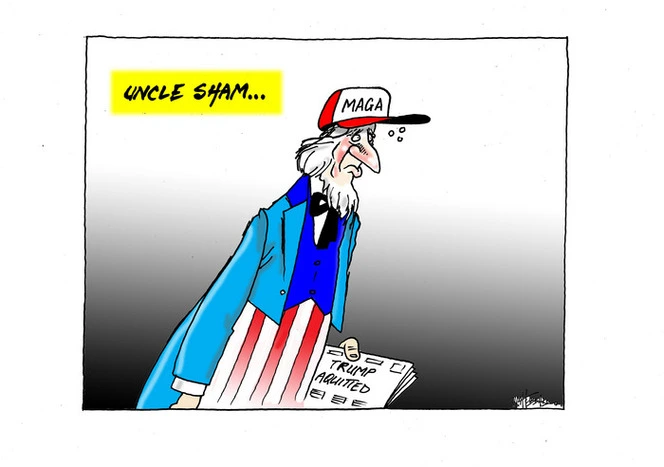 Uncle Sham' (Uncle Sam) wearing 'Make America Great Again' cap, looks disappointed after he read the newspaper headline 'Trump acquitted'