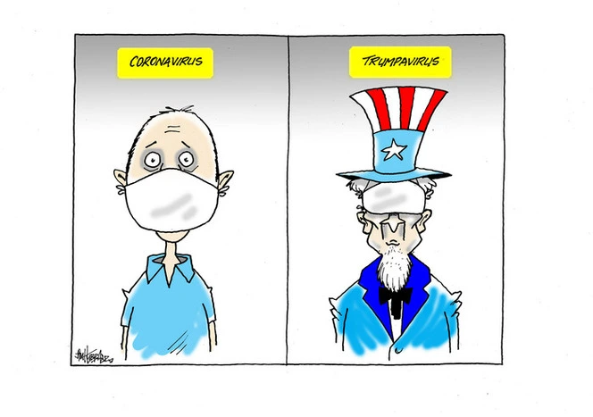 A man wears a mask to protect himself by Coronavirus while Uncle Sam wears his mask over his eyes to protect from the 'Trumpavirus'.