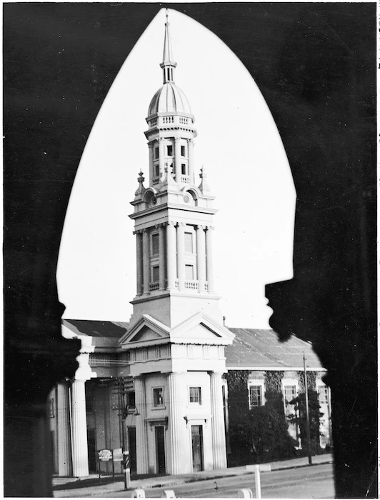 St Andrew's Presbyterian Church, Auckland, seen through the doorway of the Supreme Court