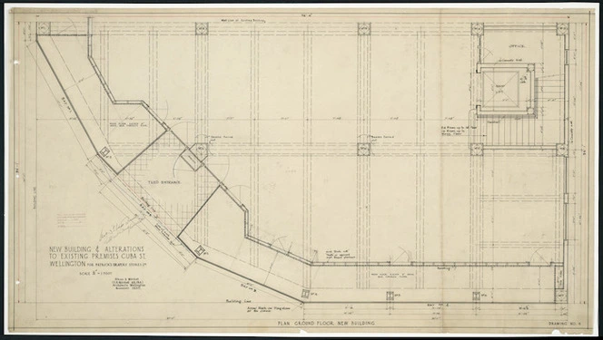 Atkins & Mitchell, architects :New building and alterations to existing premises, Cuba Street Wellington for Patrick's Drapery Stores Ltd. Scale 1/2 [inch] = 1 foot. Plan ground floor new building. Drawing No. 6. November 1930