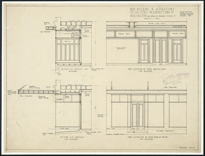 Atkins & Mitchell, architects :New building and alterations to existing premises, Cuba Street Wellington for Patrick's Drapery Stores Ltd. Scale 1/2 [inch] to 1 foot. Drawing No. 10. November 1930
