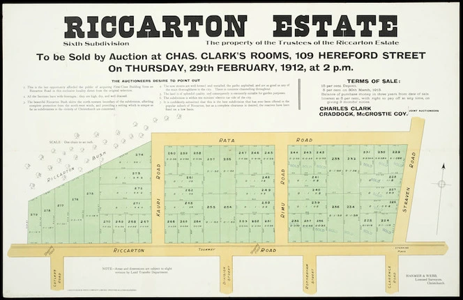 Riccarton Estate : sixth subivision, the property of the Trustees of the Riccarton Estate to be sold by auction at Chas. Clark's rooms ... 29th February, 1912 / Hanmer & Webb, surveyors.