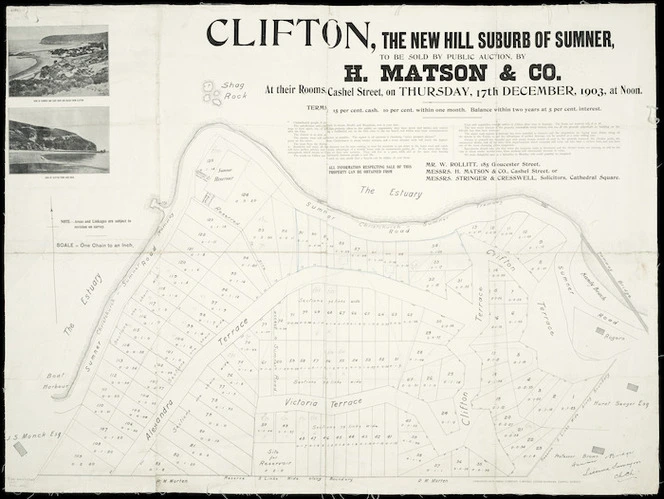 Clifton, the new hill suburb of Sumner to be sold by public auction by H. Matson & Co. 1903 / Hanmer & Bridge, surv.