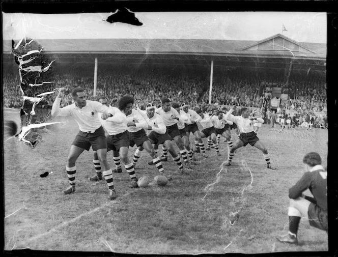 Fijian team performing a cibi before Fiji versus New Zealand Maoris rugby game, Athletic Park, Wellington