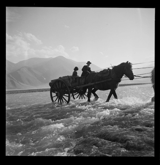 Two horse cart crossing the Rakaia River