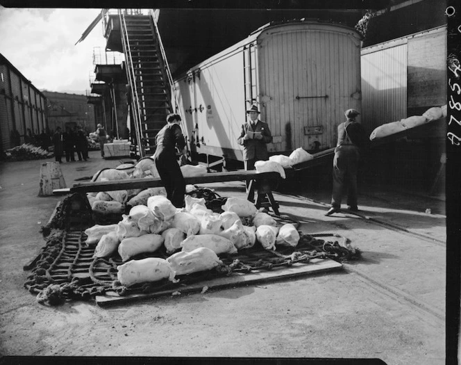 Loading frozen meat at a wharf in Wellington - Photograph taken by W Walker