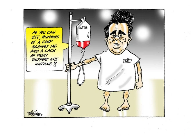 Simon Bridges in a hospital patients down attached to a tiny drip of 'Nats' blood as he denies "rumours of a coup"