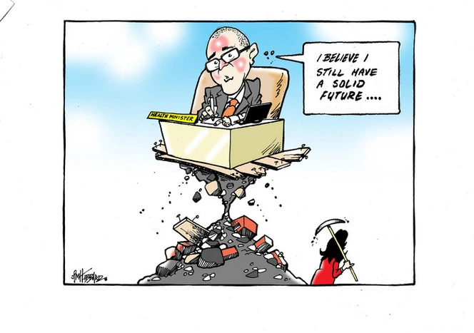 An embarrassed Dave Clark, Health Minister, sitting at his desk on top of a wobbly undercut pile of rubble as Jacinda Ardern walks away with her pickaxe