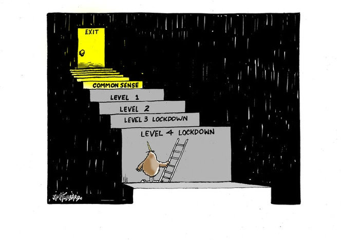 A kiwi bird with a ladder to climb the large steps labelled 'Level 4 lockdown', 'Level 3 lockdown', 'Level 2', 'Level 1', and 'Commonsense' which lead to the yellow 'Exit' door