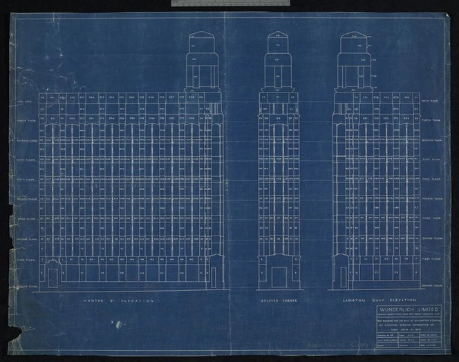 Wunderlich Ltd. (Firm): New building for the M.L.C. at Wellington, N. Zealand. Key elevation showing distribution of terra cotta in sets.