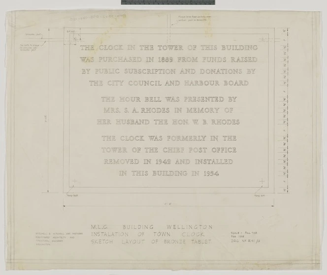 Mitchell & Mitchell (Firm): M.L.C. Building Wellington. Installation of town clock. Sketch layout of bronze tablet. Drawing no.R41/D