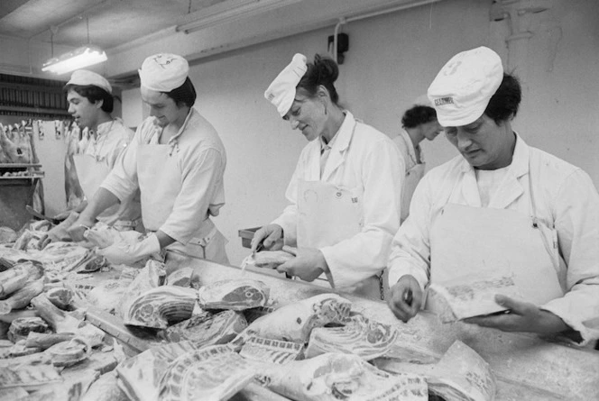 Workers in the lamb cutting room at Gear Meat Company Ltd, Petone