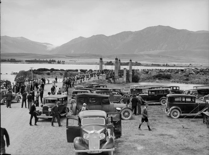 Gathering by Lake Tekapo, probably for the laying of the foundation stone for the Church of the Good Shepherd