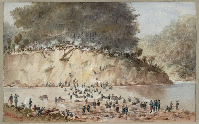 Atcherley, Henry Mount Langton :Attack on native position in Waimahana Gorge near Opotiki, Bay of Plenty, N.Z. [1867]